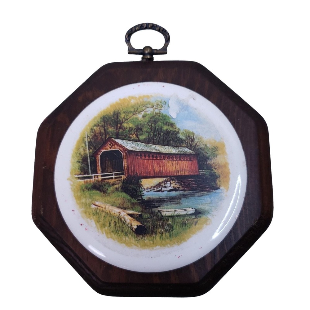 Vintage Covered Bridge Ceramic Tile Trivet Wood Frame Wall Hanging 4.75" EUC